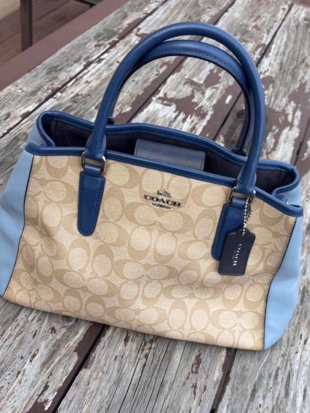 Coach Khaki Blue Signature Canvas Christie Carryall Satchel